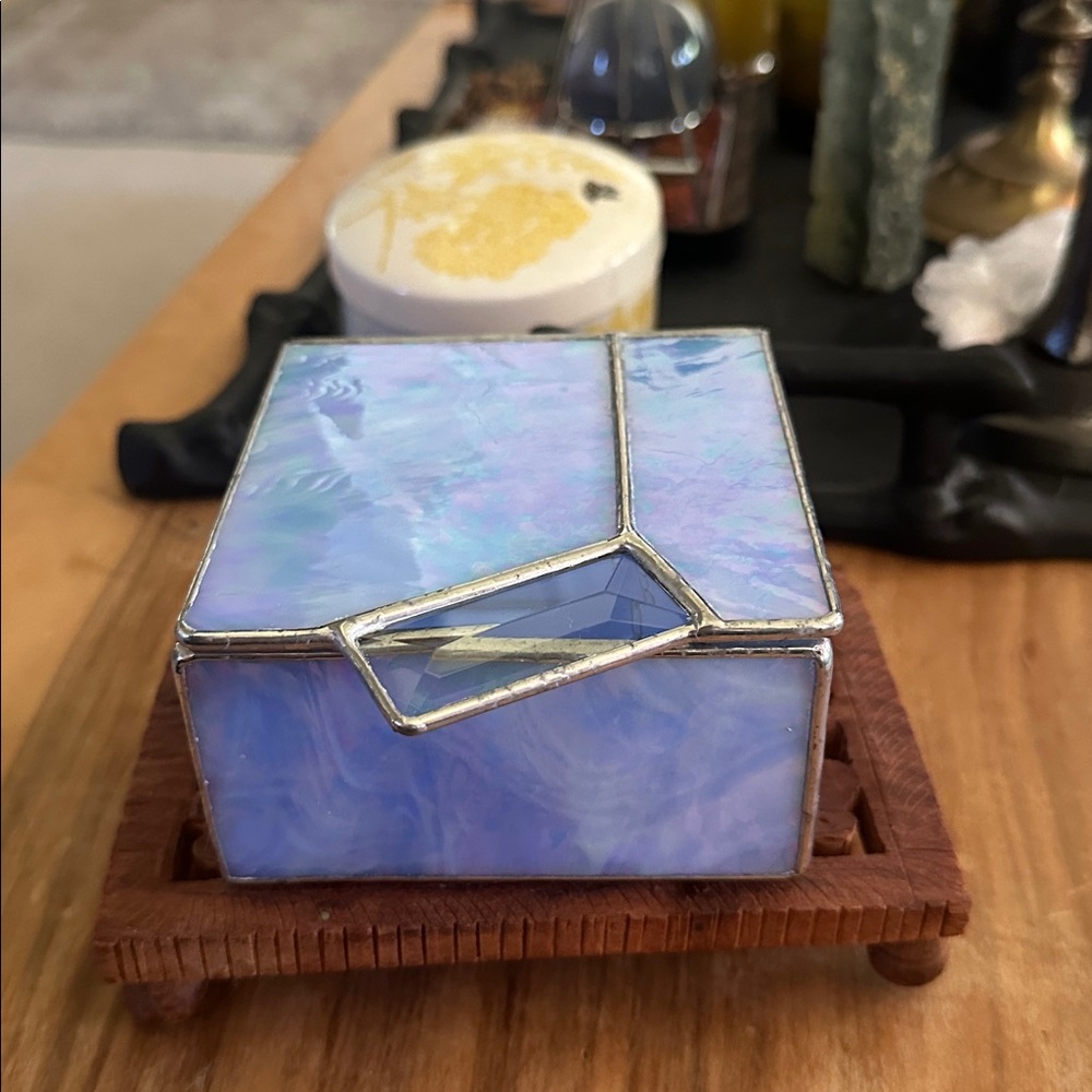 Handmade stained glass Iridescent Glass blue purple Trinket Box mirror accent